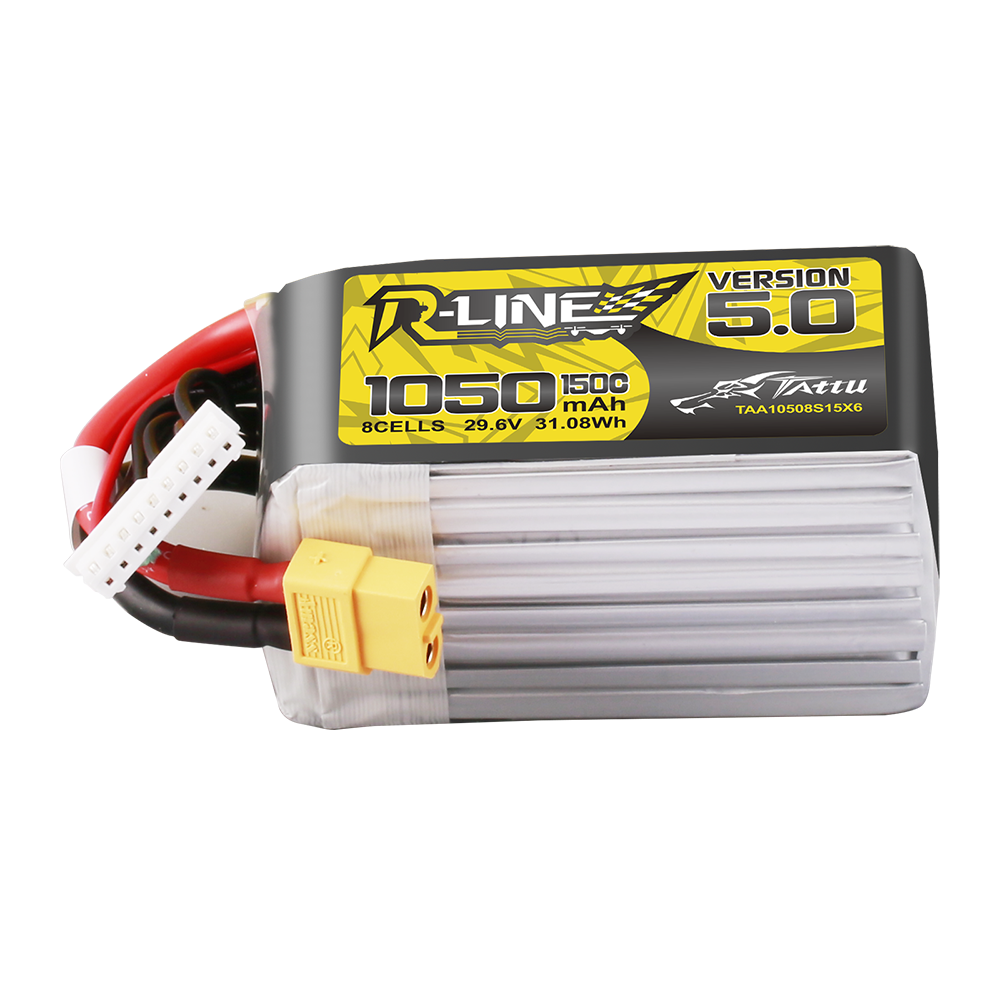 Tattu R-Line V5 1050mAh 8S 29.6V 150C LiPo battery pack with yellow XT60 and JST-XHR balance plug