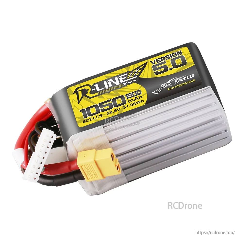 Tattu R-Line Version 5.0 1050mAh 8S 29.6V LiPo battery pack with XT60 plug and 9-pin balance lead