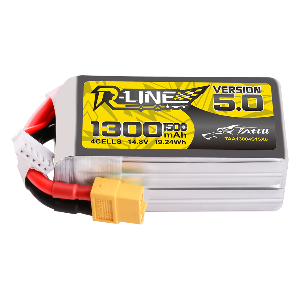 Tattu R-Line 5.0 1300mAh 4S 14.8V LiPo battery pack with XT60 lead and 5-pin balance connector