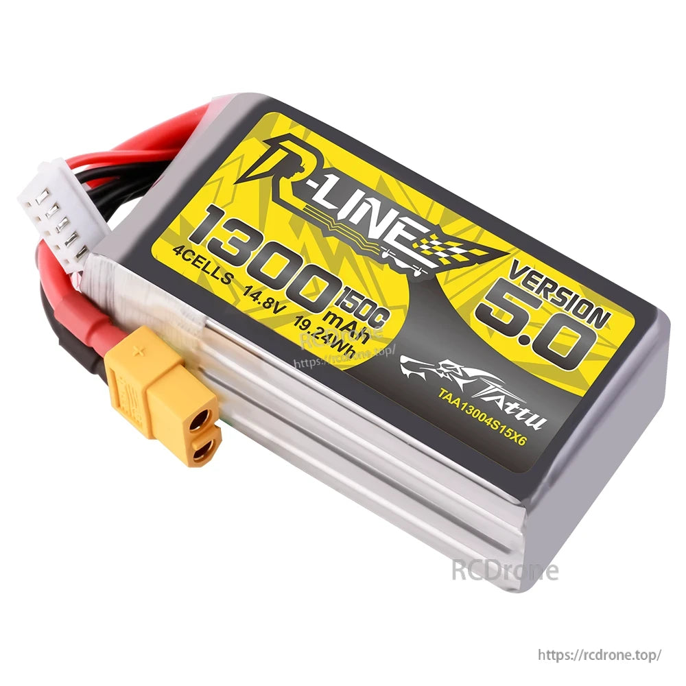 Tattu R-Line Version 5.0 4S 1300mAh 150C 14.8V LiPo battery pack with XT60 and JST-XHR balance plug