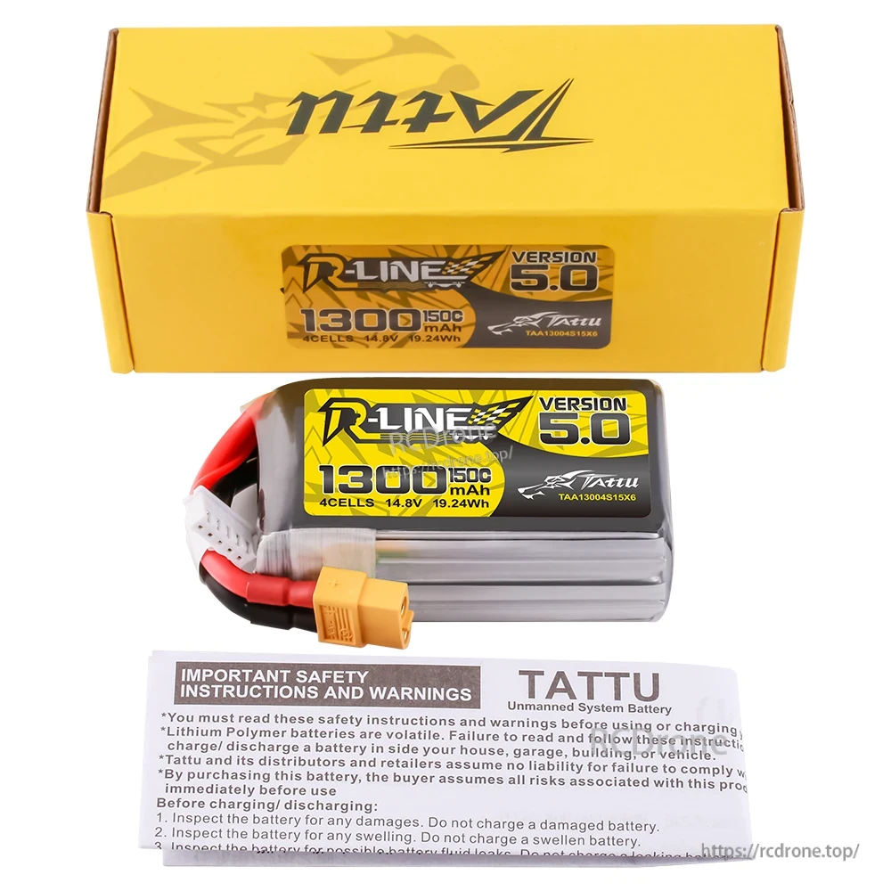 Tattu R-Line Version 5.0 1300mAh 4S LiPo battery pack with XT60 plug and 5-pin balance lead