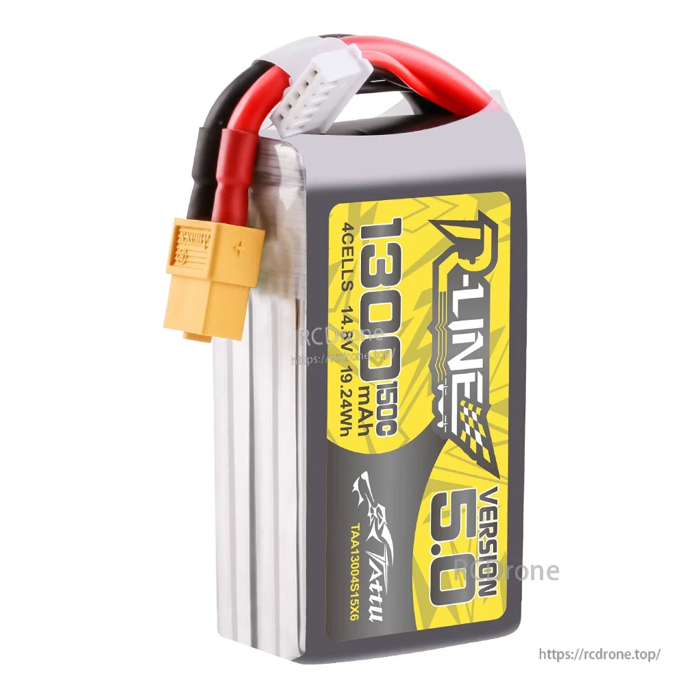 Tattu R-Line Version 5.0 1300mAh 4S LiPo battery pack with XT60 power lead and JST-XH balance plug