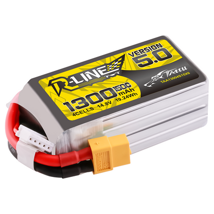 Tattu R-Line Version 5.0 1300mAh 4S 14.8V LiPo battery pack with XT60 lead and 5-pin balance plug