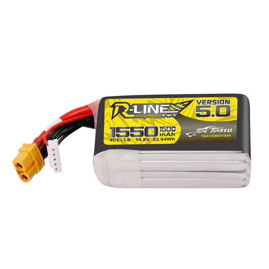 Tattu R-Line Version 5.0 1550mAh 4S 14.8V 150C LiPo battery pack with XT60 plug and balance lead