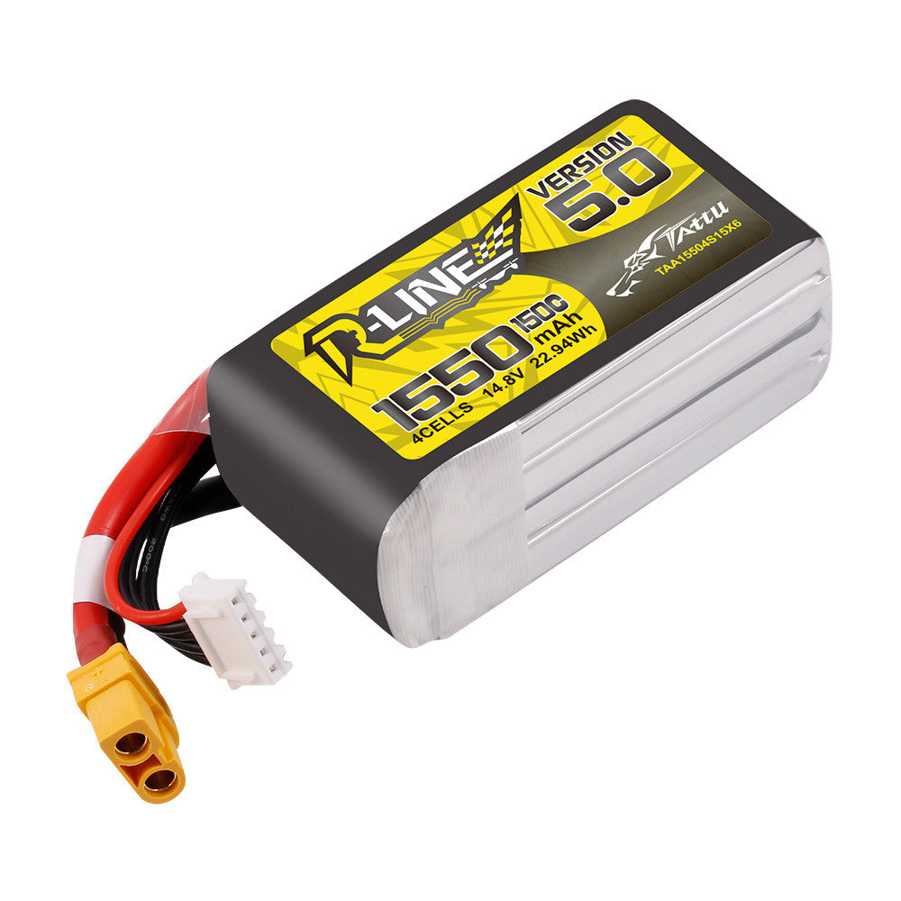 Tattu R-Line Version 5.0 1550mAh 4S 14.8V 150C LiPo battery pack with XT60 plug and balance lead