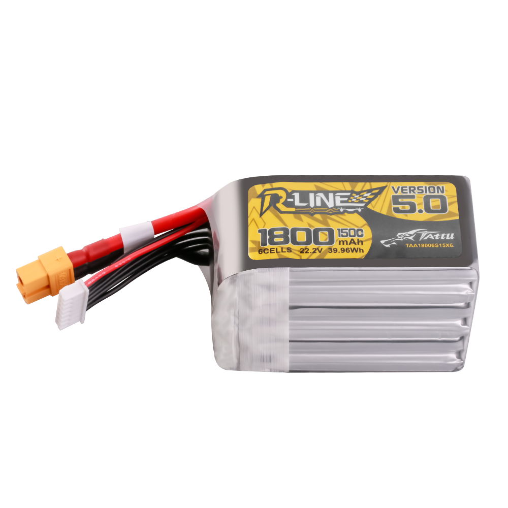 Tattu R-Line Version 5.0 LiPo Battery, Tattu R-Line Version 5.0 6S LiPo battery pack, 1800mAh 150C 22.2V, with XT60 plug and balance lead
