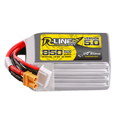 Tattu R-Line Version 5.0 LiPo Battery, Tattu R-Line Version 5.0 850mAh 4S 14.8V LiPo battery with XT30 lead and white balance connector