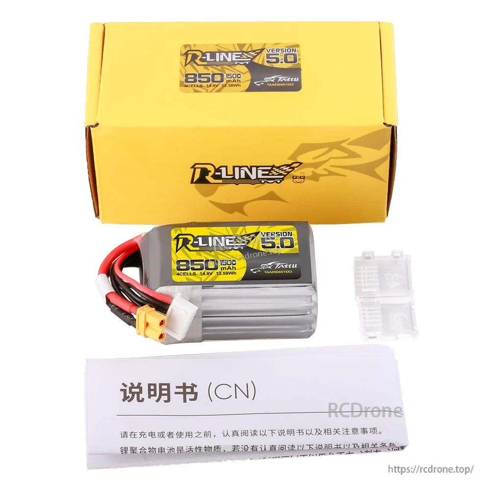 Tattu R-Line Version 5.0 LiPo Battery, Tattu R-Line Version 5.0 4S 850mAh LiPo battery with lead connectors, yellow box, and instruction sheet