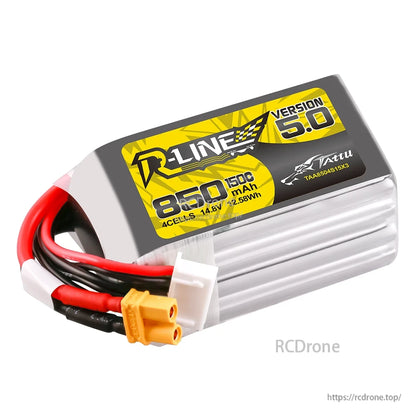 Tattu R-Line Version 5.0 LiPo Battery, Tattu R-Line Version 5.0 4S LiPo battery pack, 1500mAh 14.8V, with XT60-style lead and balance plug