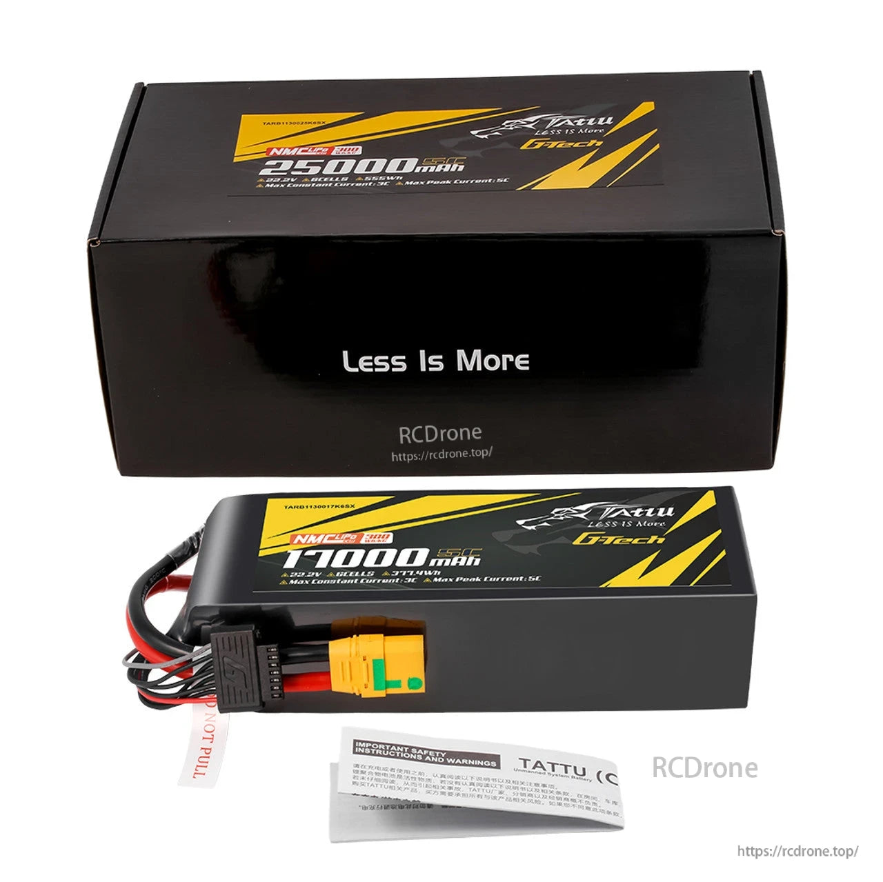 Tattu 25000mAh 6S1P LiPo battery, 22.2V, 5C discharge, 300Wh/kg, XT90S-F connector, 2048g, with safety features; also available in 17000mAh.