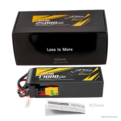 Tattu 25000mAh 6S1P LiPo battery, 22.2V, 5C discharge, 300Wh/kg, XT90S-F connector, 2048g, with safety features; also available in 17000mAh.
