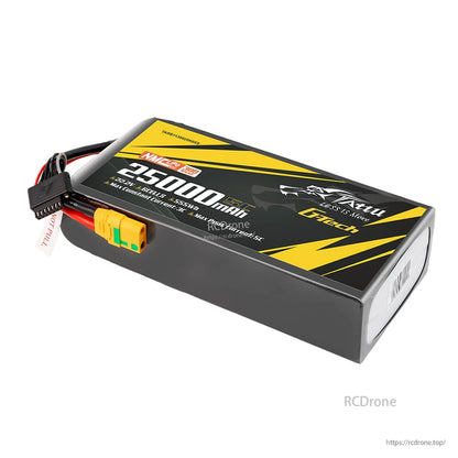 Tattu G-Tech 25,000mAh 6S1P 22.2V 5C LiPo battery, 300Wh/kg, XT90S-F connector, 208x91.5x51mm, 2048g—high-performance RC power solution.