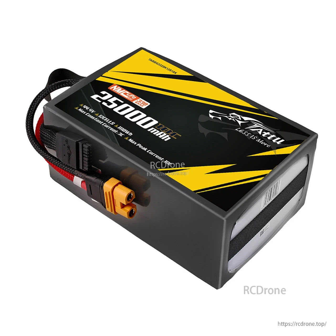 Tattu 25,000mAh 12S1P NMC LiPo battery, 330Wh/kg, 1000W max power, 100A peak current, AS150U-F plug—high energy density, efficient performance.