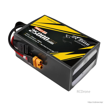 Tattu 25,000mAh 12S1P NMC LiPo battery, 330Wh/kg, 1000W max power, 100A peak current, AS150U-F plug—high energy density, efficient performance.