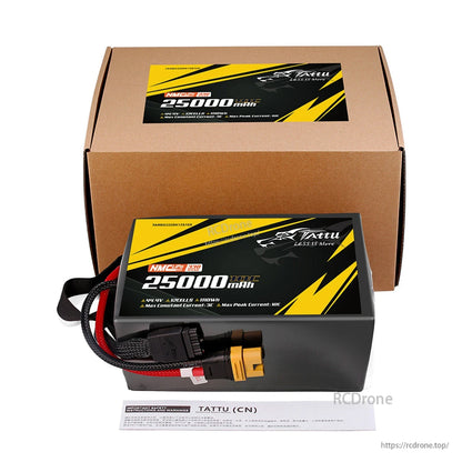 Tattu 25000mAh 12S1P NMC LiPo battery, 330Wh/kg, 10C, AS150U-F plug, 1110Wh capacity, max 3C continuous/10C peak current, includes safety instructions.
