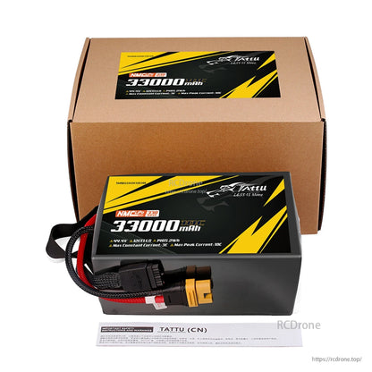 Tattu 33000mAh 12S1P LiPo battery, 44.4V, 330Wh/kg, AS150U-F plug, 3C continuous/10C peak discharge, for industrial drones, includes safety guidelines.