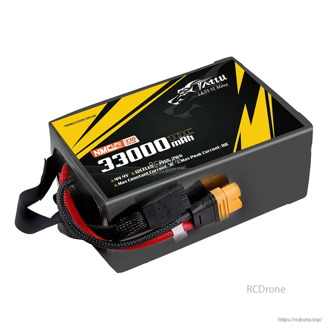 Tattu 33000mAh 12S1P NMC LiPo battery, 44.4V, 330Wh/kg, AS150U-F plug, max 3C continuous/10C peak current, 1852Wh capacity.