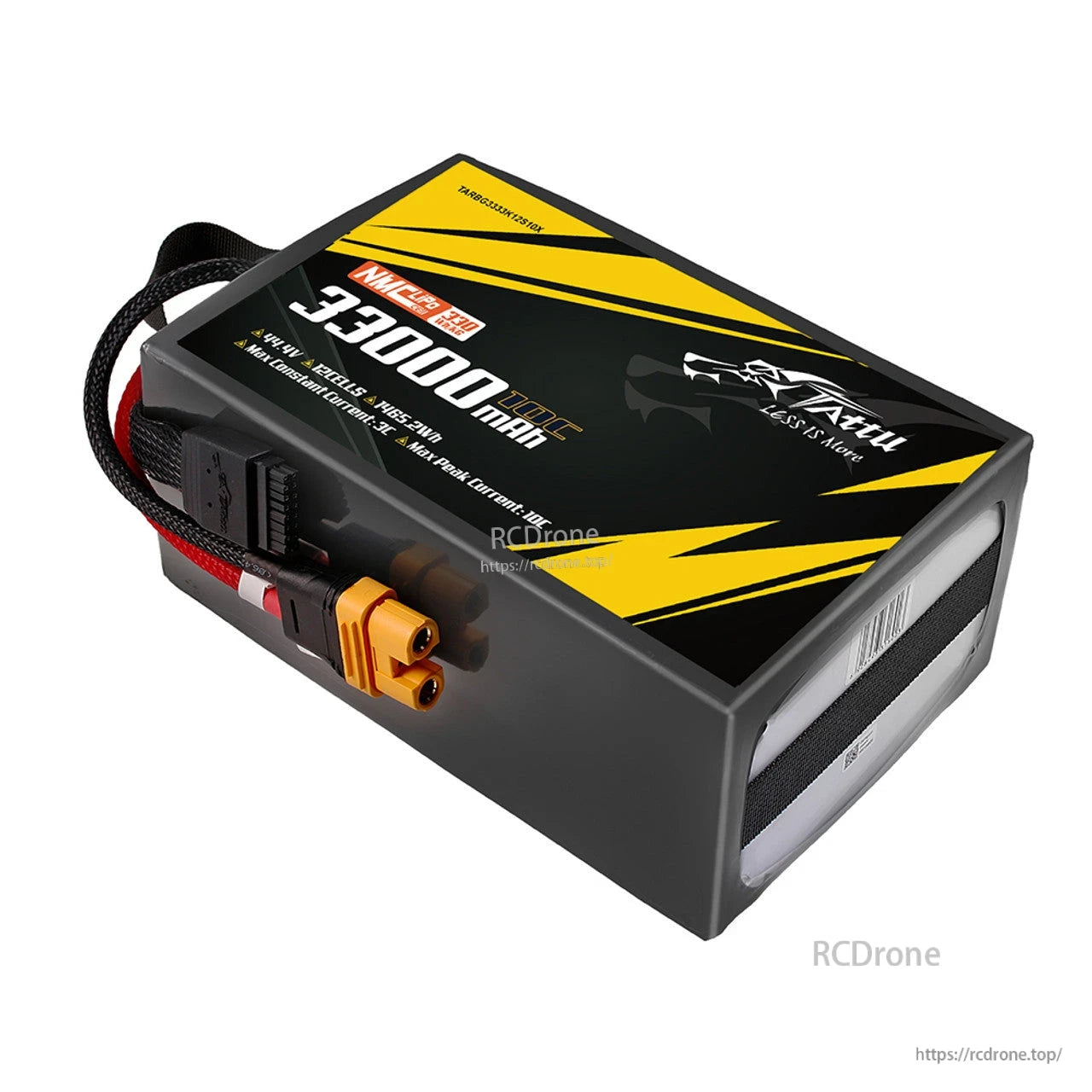 Tattu 33000mAh 12S LiPo battery, 44.4V, 1465.2Wh, 10C rating, AS150U-F plug, high energy density (330Wh/kg), ideal for drones with efficient power delivery.