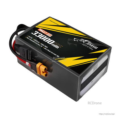 Tattu 33000mAh 12S LiPo battery, 44.4V, 1465.2Wh, 10C rating, AS150U-F plug, high energy density (330Wh/kg), ideal for drones with efficient power delivery.