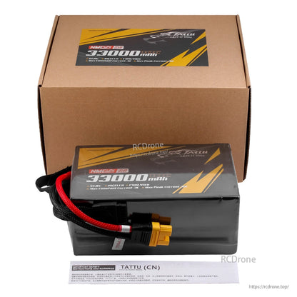 Tattu 33000mAh 14S1P NMC LiPo battery (51.8V, 10C, 350Wh/kg) with AS150U-F plug, designed for industrial drones; supports 3C continuous/10C peak discharge; includes safety instructions.