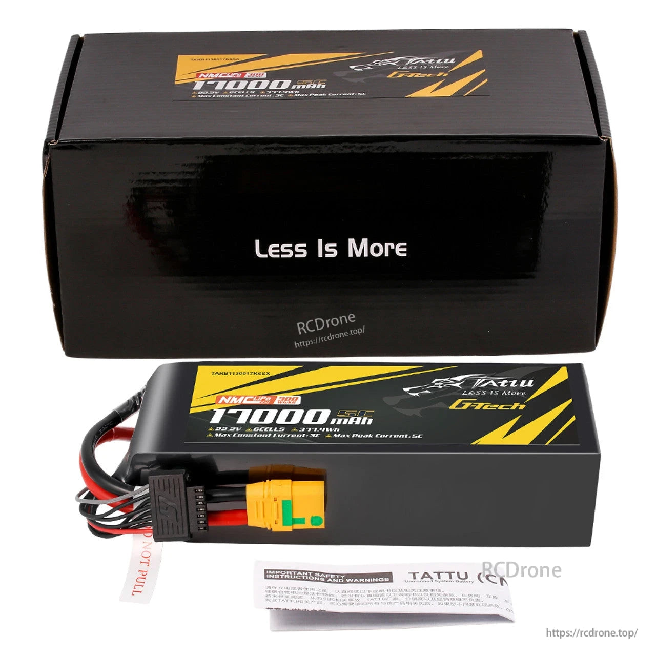 Tattu G-Tech 17000mAh 6S LiPo battery, 22.2V, 5C, 300Wh/kg, XT90S-F, NMC UPS 300, max 3C continuous, 5C peak current—high energy density, efficient power.