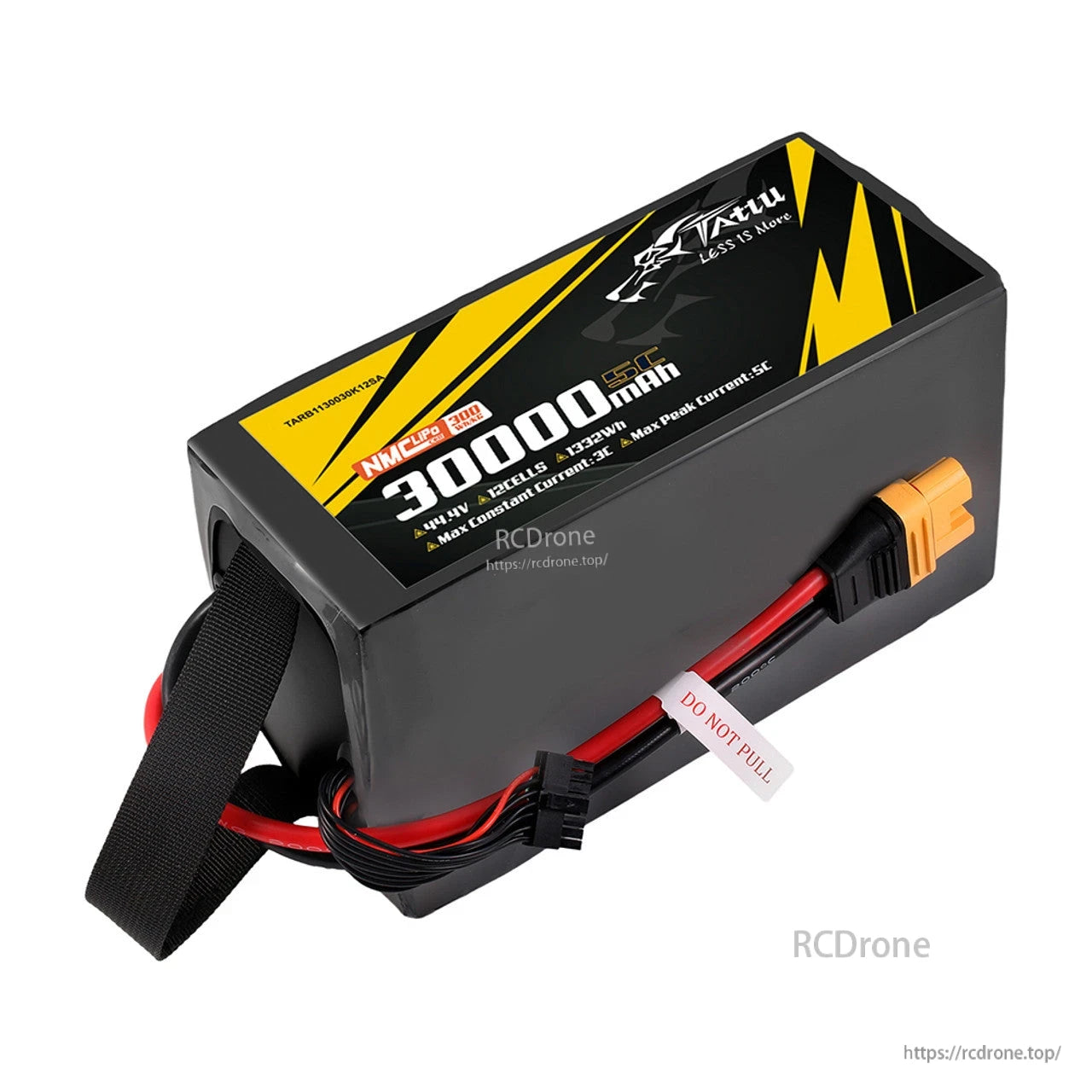 Tattu 30000mAh 12S1P 5C NMC LiPo battery, 300Wh/kg, 3C continuous/5C peak discharge, AS150U plug, black-yellow design, "DO NOT PULL" label.