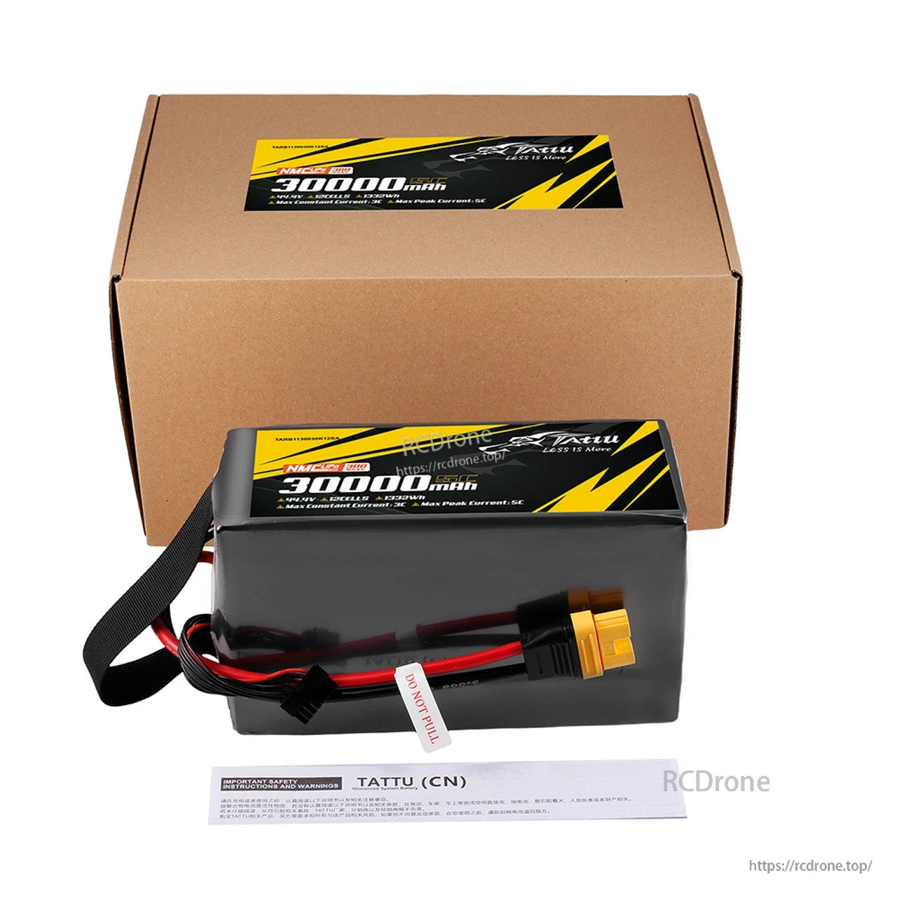 Tattu 30,000mAh 12S1P LiPo battery, 5C discharge, 300Wh/kg energy density, AS150U plug, NMC Pro tech, 3C continuous/5C peak current, includes safety instructions.