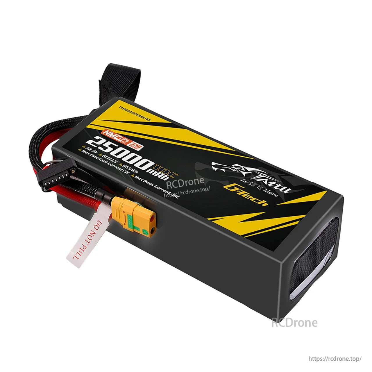 Tattu 25000mAh 6S1P LiPo battery, 22.2V, 10C, 330Wh/kg, XT90-S connector, for industrial drones. Features high capacity, 40C peak current, protective strap, "DO NOT PULL" label, black-yellow design with "Less is More."