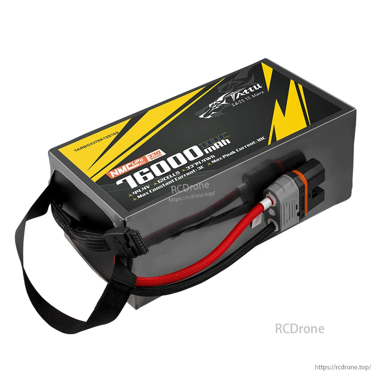 Tattu 76000mAh 12S1P LiPo battery, 44.4V, 330Wh/kg, 10C peak, NMC chemistry, QS12-S plug; high-capacity, powerful industrial drone power solution.