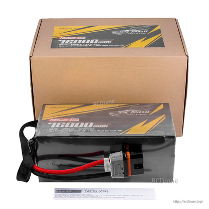 76000mAh, 44.4V semi-solid state battery with 3C/10C discharge, QS12-S plug, 3379.4Wh energy, designed for industrial drones, includes safety info and branded packaging.