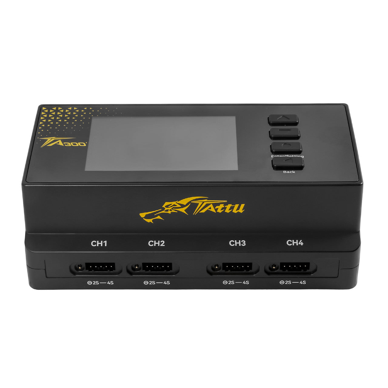 Tattu TA300 smart battery charger with large display, control buttons, and CH1–CH4 2S–4S balance ports