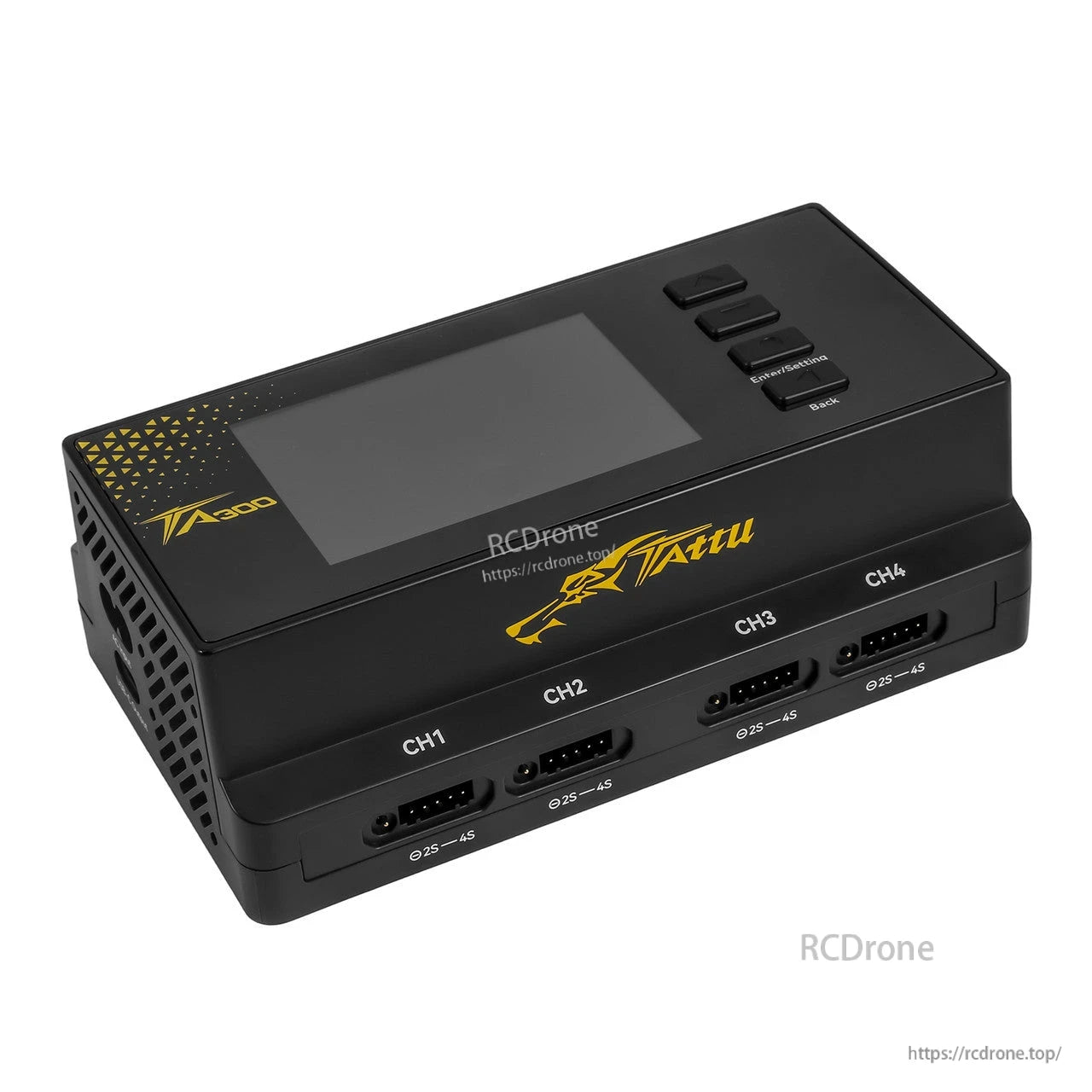 Tattu TA300 smart battery charger with LCD screen, control buttons, and CH1–CH4 2S–4S balance ports