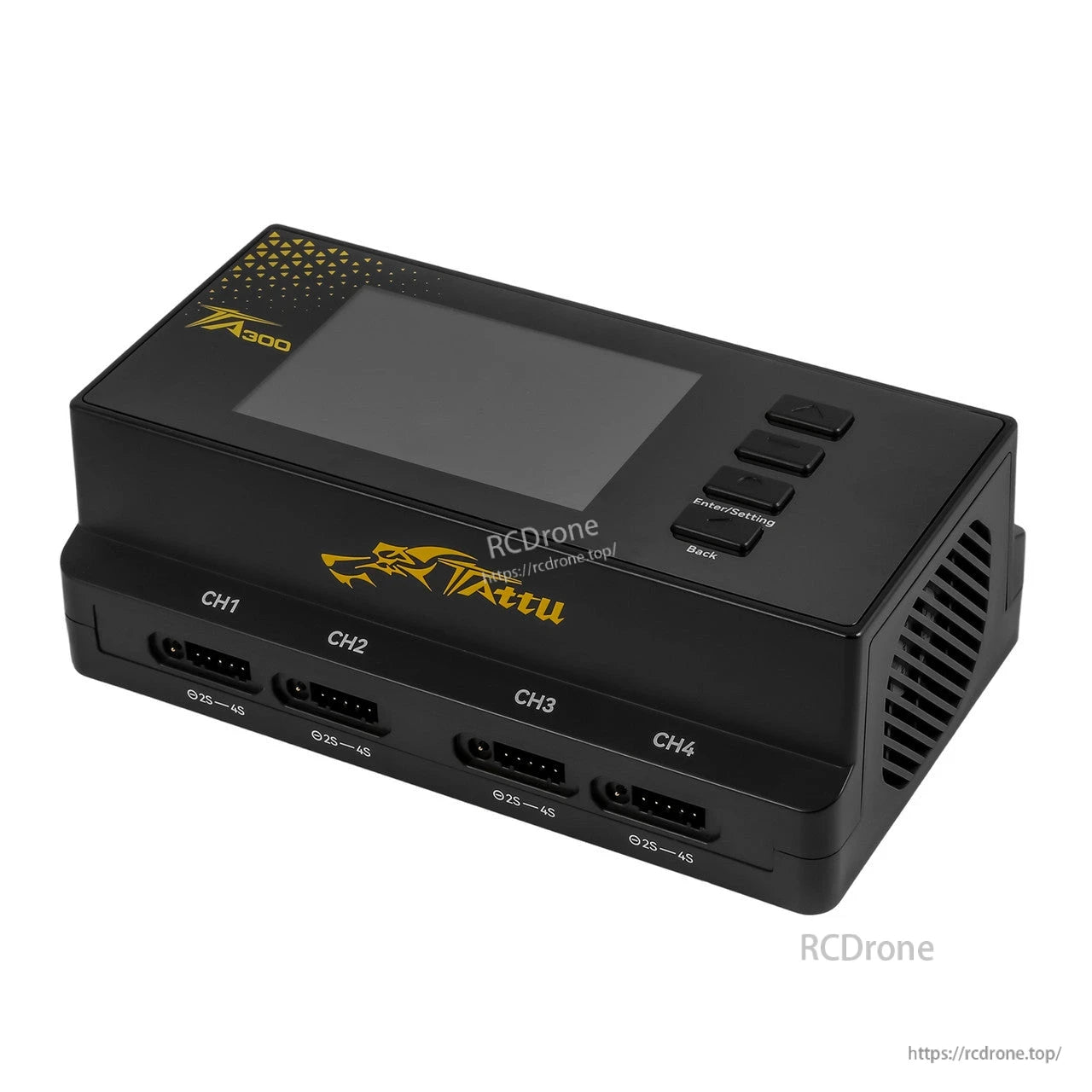 Tattu TA300 smart LiPo charger with LCD screen, control buttons, and CH1–CH4 2S–4S balance ports