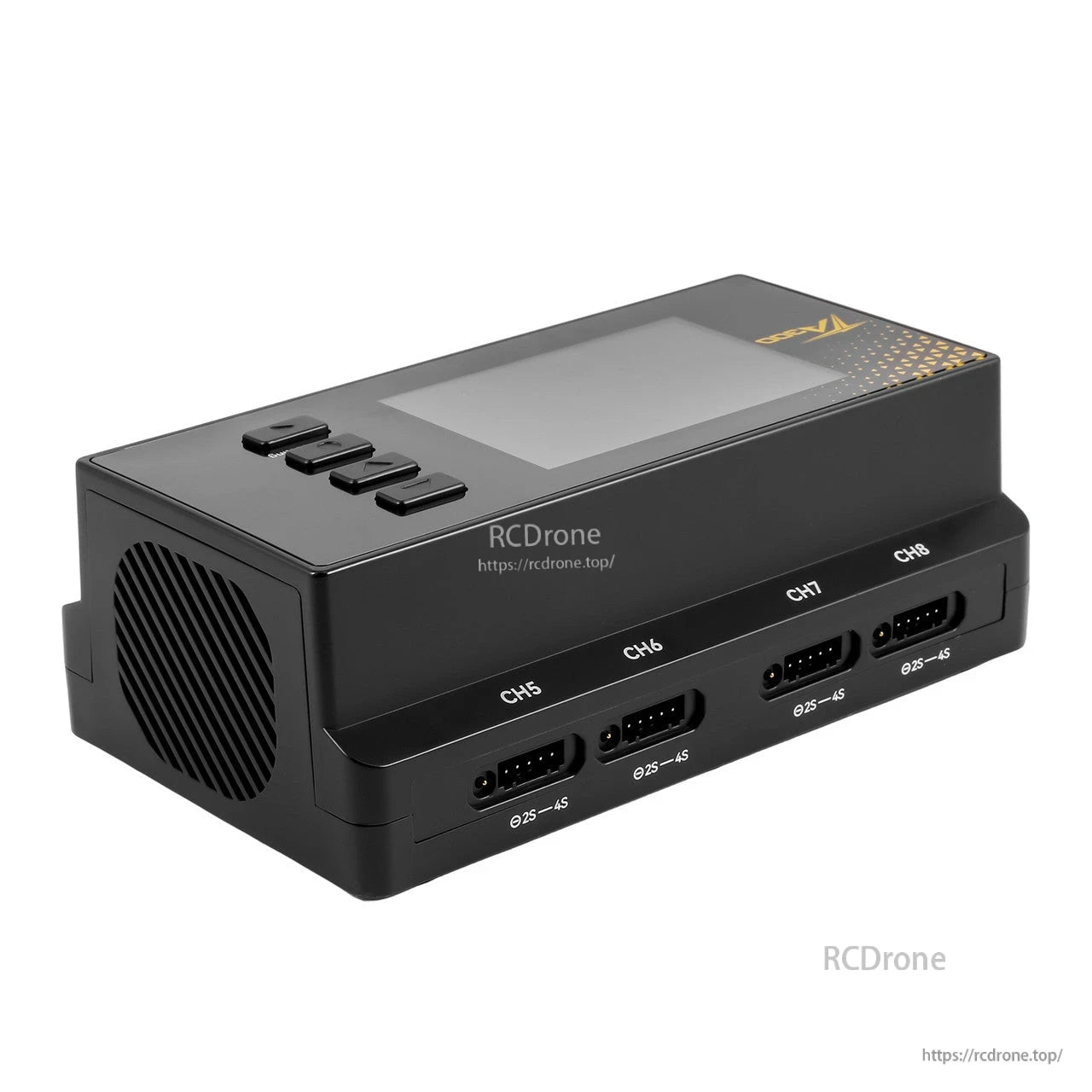 Tattu TA300 8-channel smart charger with LCD screen, control buttons, cooling fan, and 2S–4S channel ports
