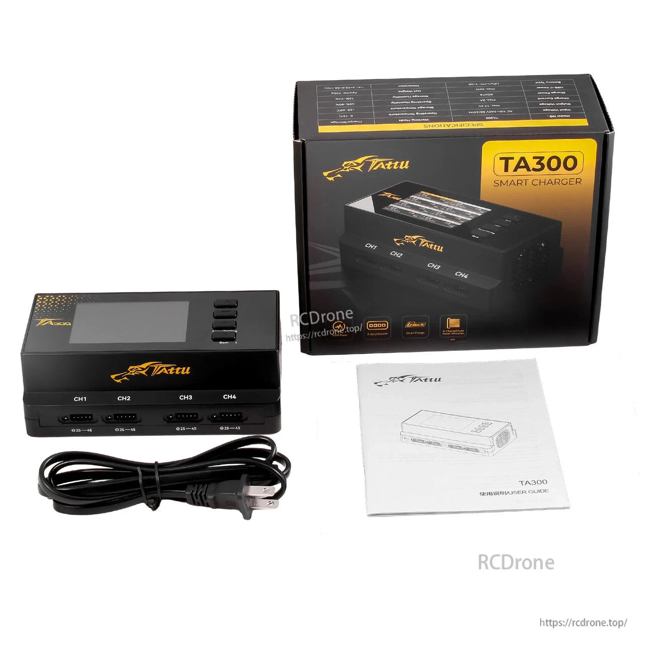 Tattu TA300 smart battery charger with LCD screen, control buttons, CH1–CH4 output ports, power cord and manual