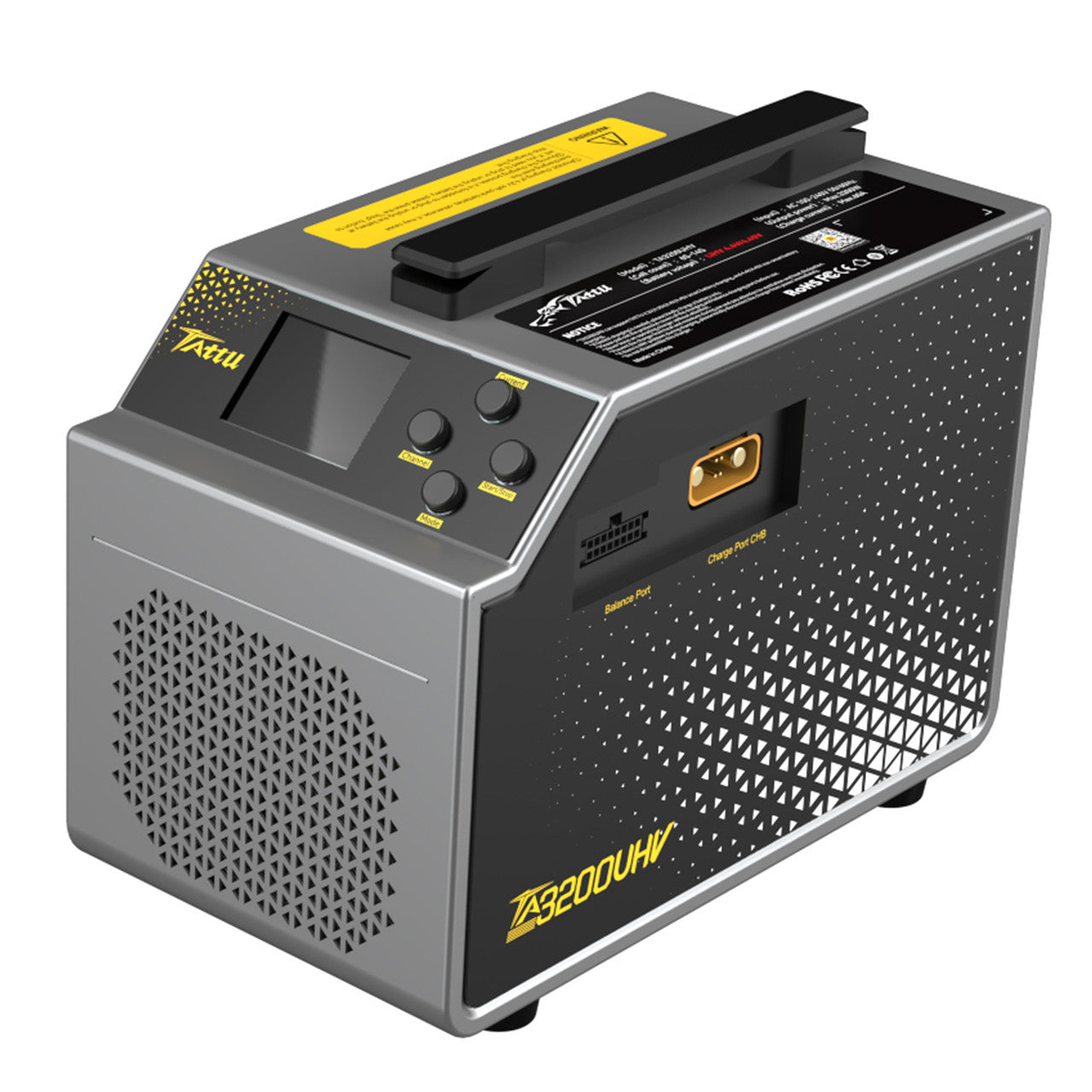 Tattu TA3200UHV Dual-Channel Smart Charger, Tattu TA3200UHV smart charger with LCD display, control buttons, carry handle, and front charge and balance ports