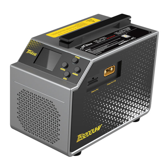Tattu TA3200UHV Dual-Channel Smart Charger, Tattu TA3200UHV smart charger with LCD display, control buttons, carry handle, and front charge and balance ports