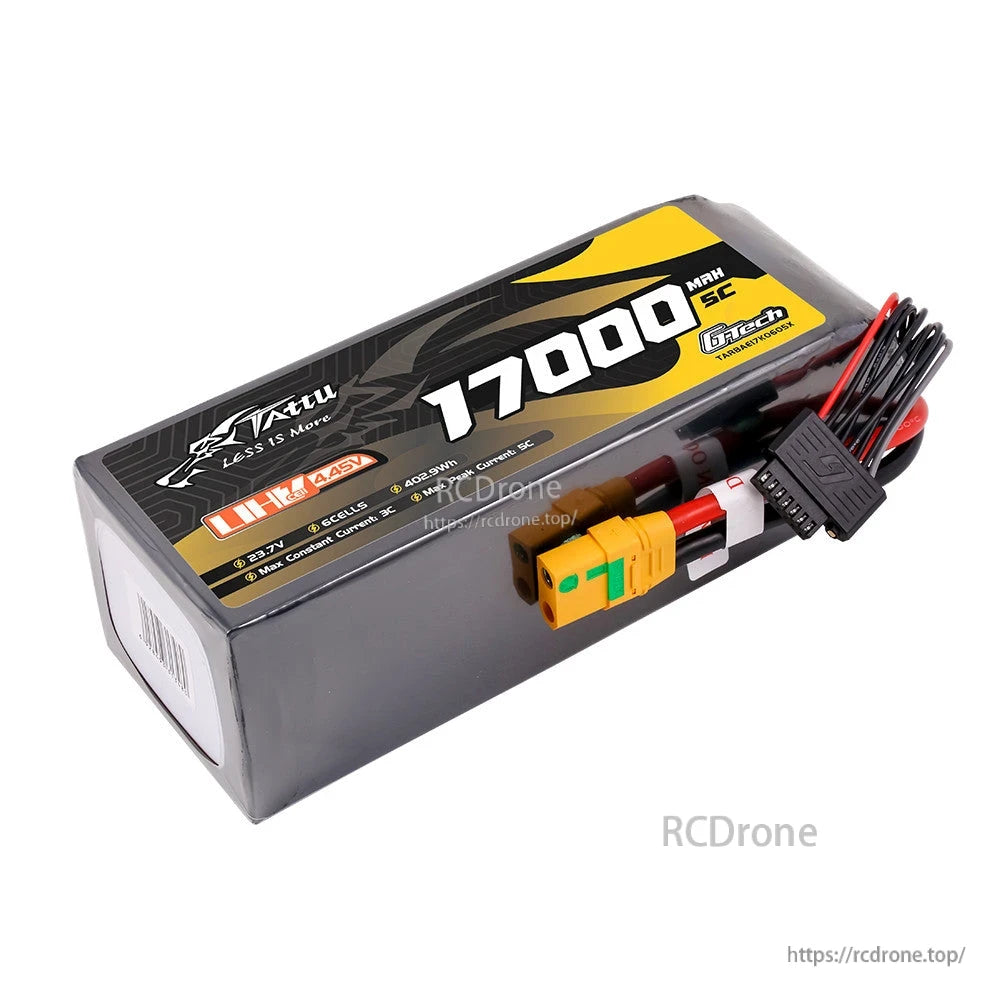 Tattu Ultra High Voltage LiPo Battery, Tattu LiHV 6S 17000mAh 5C LiPo battery pack with XT90 main plug and balance lead, 23.7V label