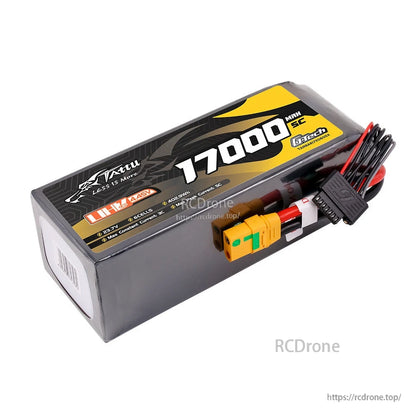 Tattu Ultra High Voltage LiPo Battery, Tattu LiHV 6S 17000mAh 5C LiPo battery pack with XT90 main plug and balance lead, 23.7V label