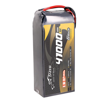 Tattu Ultra High Voltage LiPo Battery, Tattu UHV LiPo battery pack labeled 41000mAh 6S 22.2V with 5C rating and red/black power leads