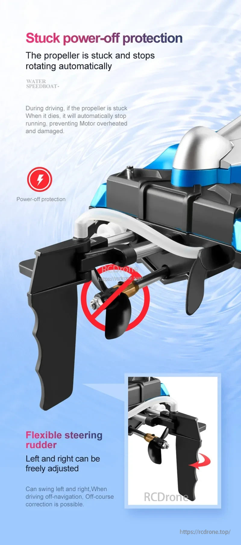 Tccicadas 50CM RC Boat, Propellers stop if stuck to prevent motor damage; flexible steering rudder enables left-right correction for accurate navigation. (24 words)