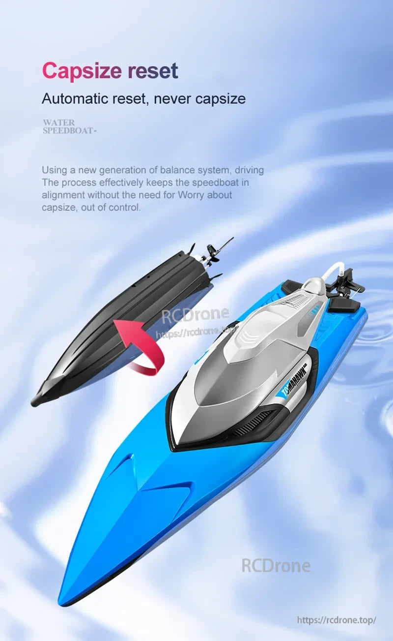 Tccicadas 50CM RC Boat, Self-righting design ensures stable balance, keeps speedboat aligned, prevents flips, and maintains control. (15 words)