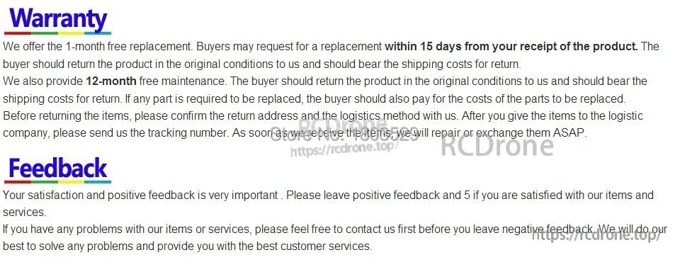 Tccicadas 50CM RC Boat, 15-day free replacement, 12-month maintenance. Buyer covers return shipping and parts. Confirm returns, provide tracking. Contact us before negative feedback; positive feedback welcome.