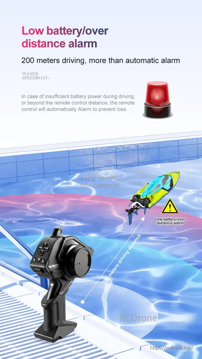 Tccicadas 50cm RC boat features high speed, long range, capsize reset, and waterproof design with smart alarm.