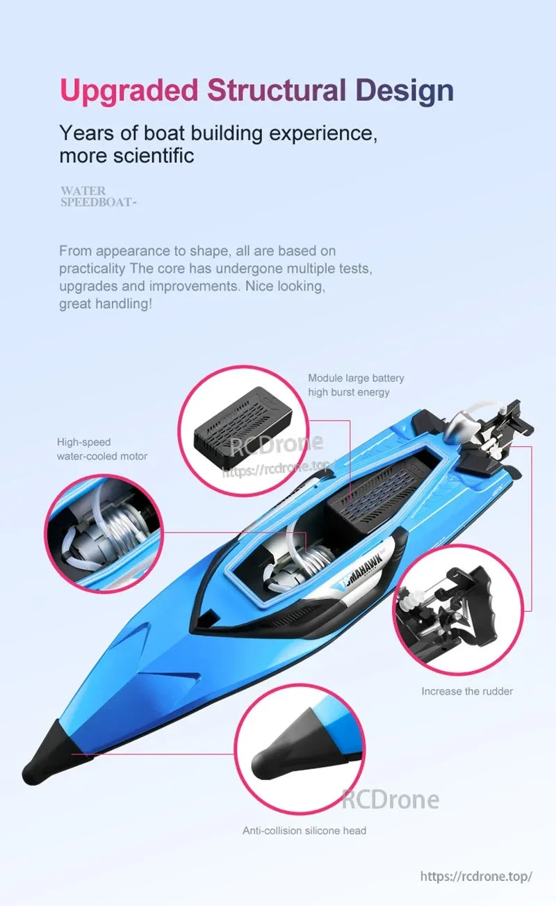 Tccicadas 50CM RC Boat, Enhanced drone with water-cooled motor, large battery, improved rudder, and anti-collision silicone head for superior performance and handling.