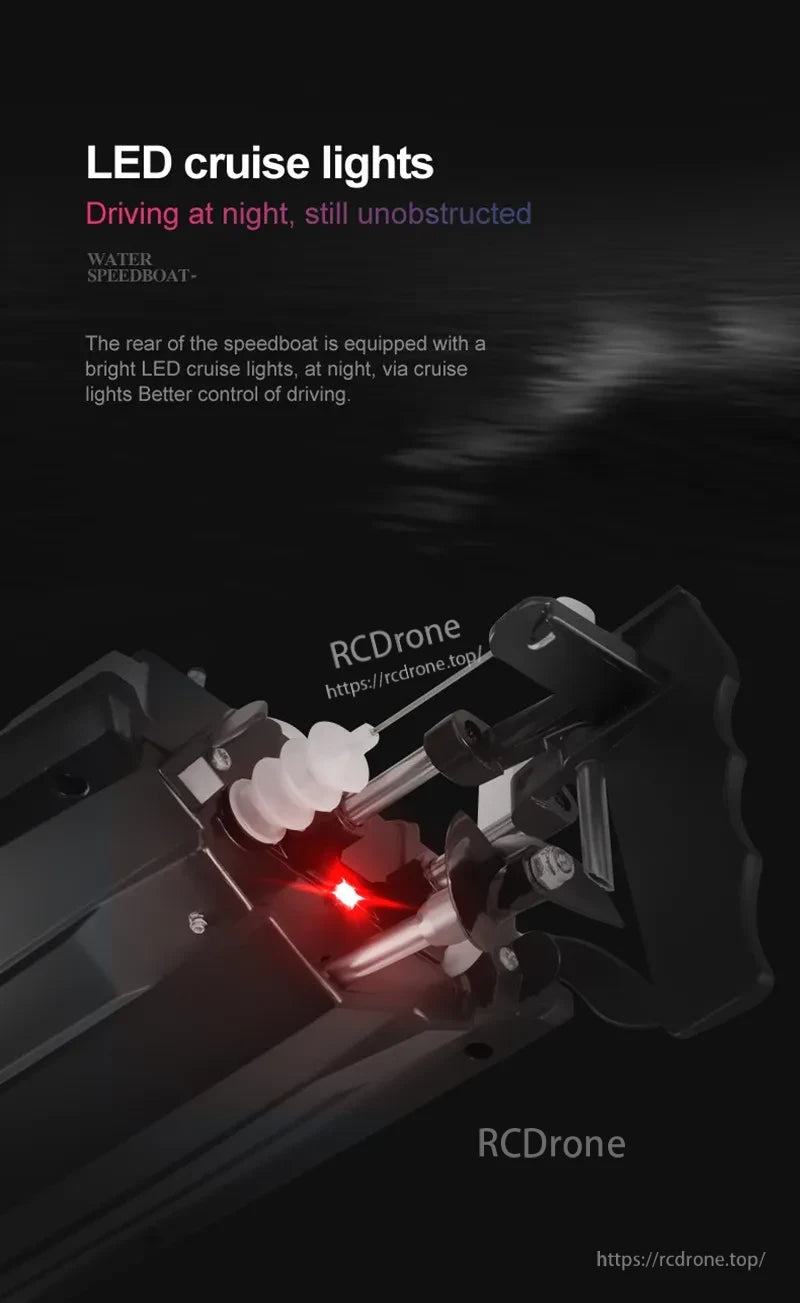 Tccicadas 50CM RC Boat, LED cruise lights ensure clear night driving with bright rear illumination for better control.