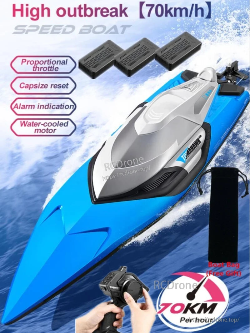 Tccicadas 50CM RC Boat, High-speed 70km/h RC boat with water-cooled motor, proportional throttle, capsize reset, alarm, and free bag.
