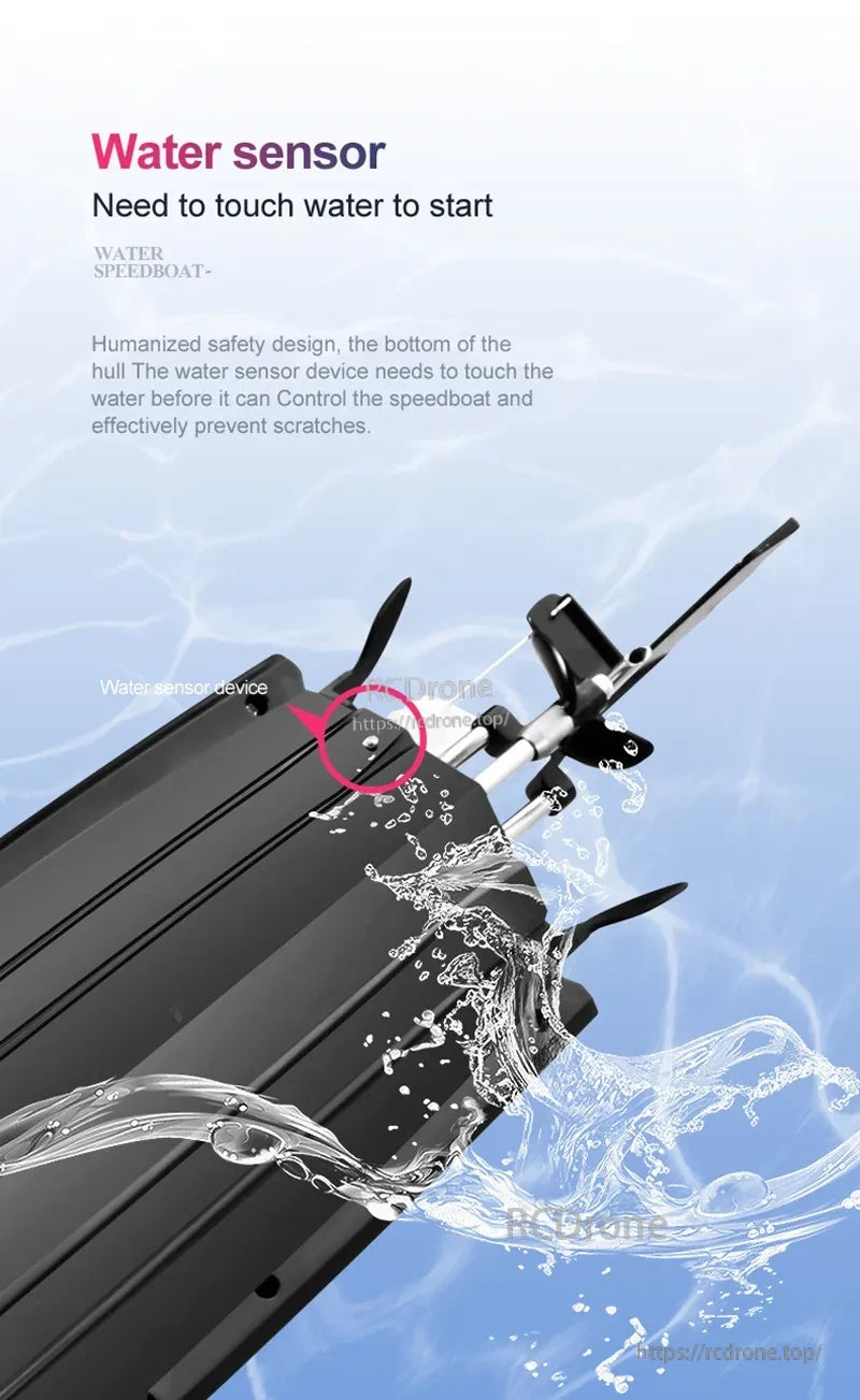 Tccicadas 50CM RC Boat, The water sensor must contact water to activate; safety design prevents scratches and ensures easy control.