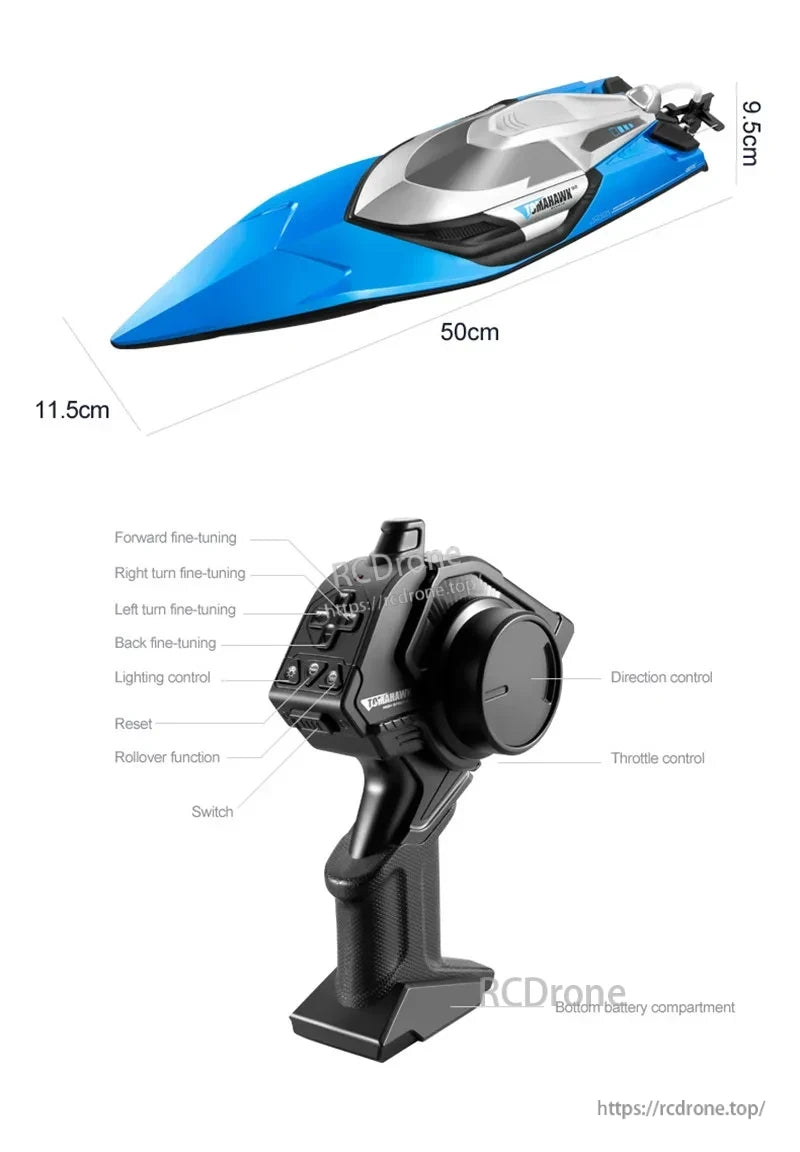 Tccicadas 50CM RC Boat, 50cm remote-controlled boat with direction, throttle, lighting, and fine-tuning functions for precise control and enhanced operation.