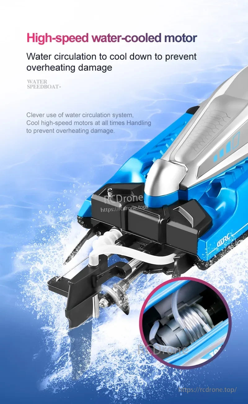 Tccicadas 50CM RC Boat, High-speed water-cooled motor with circulation system prevents overheating, ensuring reliable performance in water speedboats. (19 words)